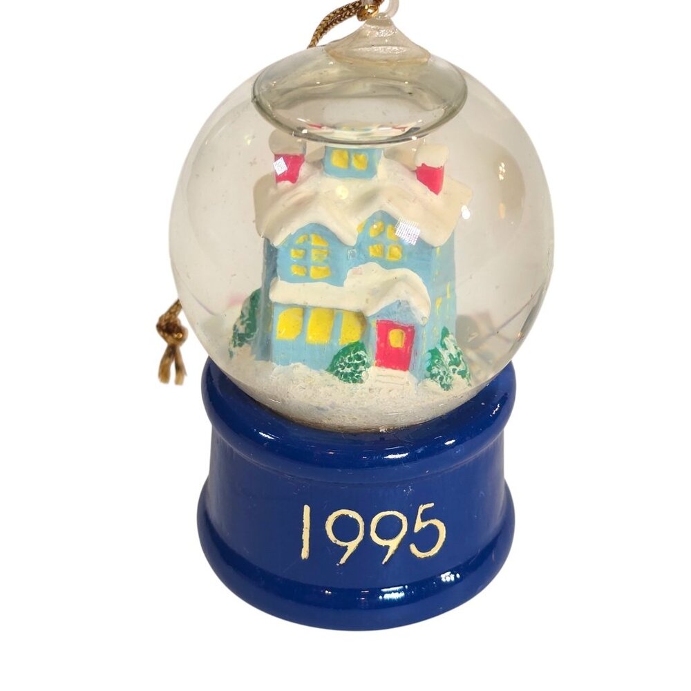 Vintage Mini Snow Globe Christmas Ornament AGC Blue House Red Door Holiday 1995